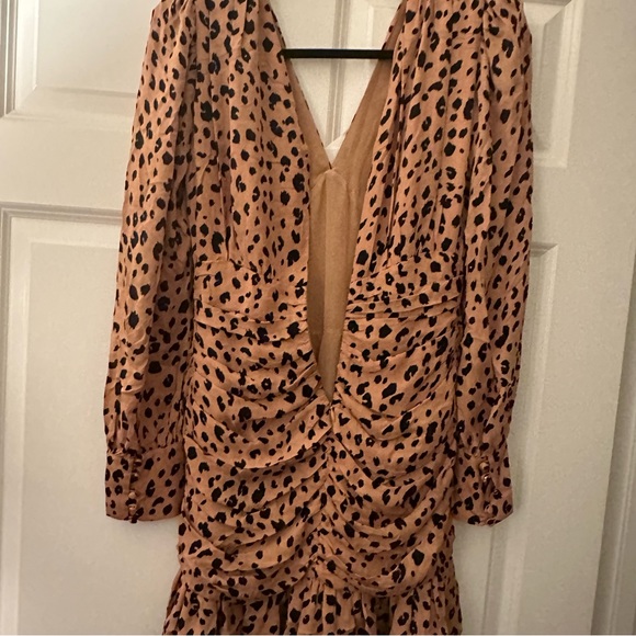 NICHOLAS Brownish/Tan Black 100%Silk Leopard Print Gathered Ruffle Frill Dress 4 - Picture 8 of 16
